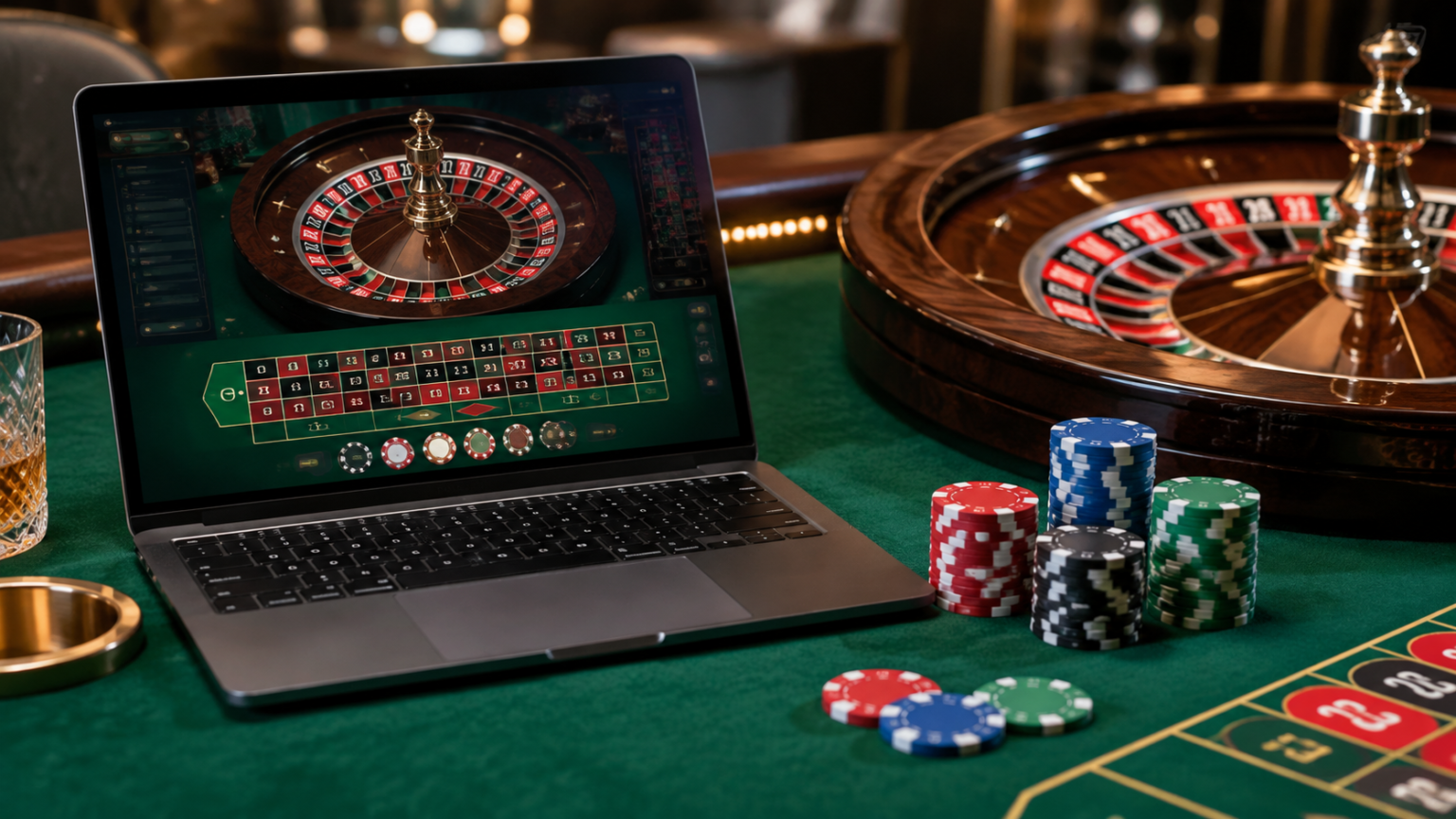 Laptop displaying an online casino roulette game beside a roulette wheel and casino chips