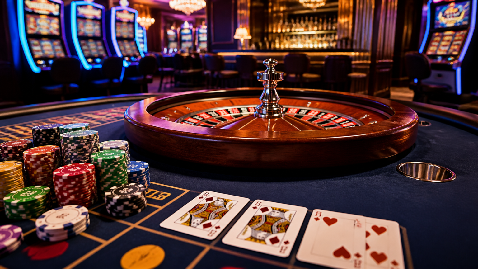 Casino roulette table with chips and cards