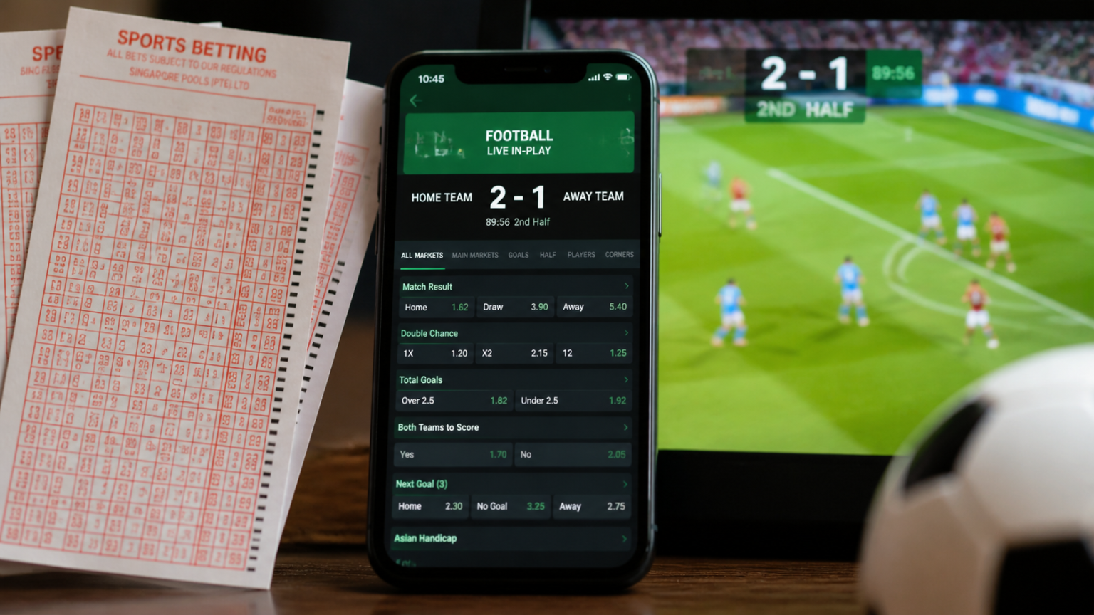 Sports betting site on a phone with betting slip and match odds