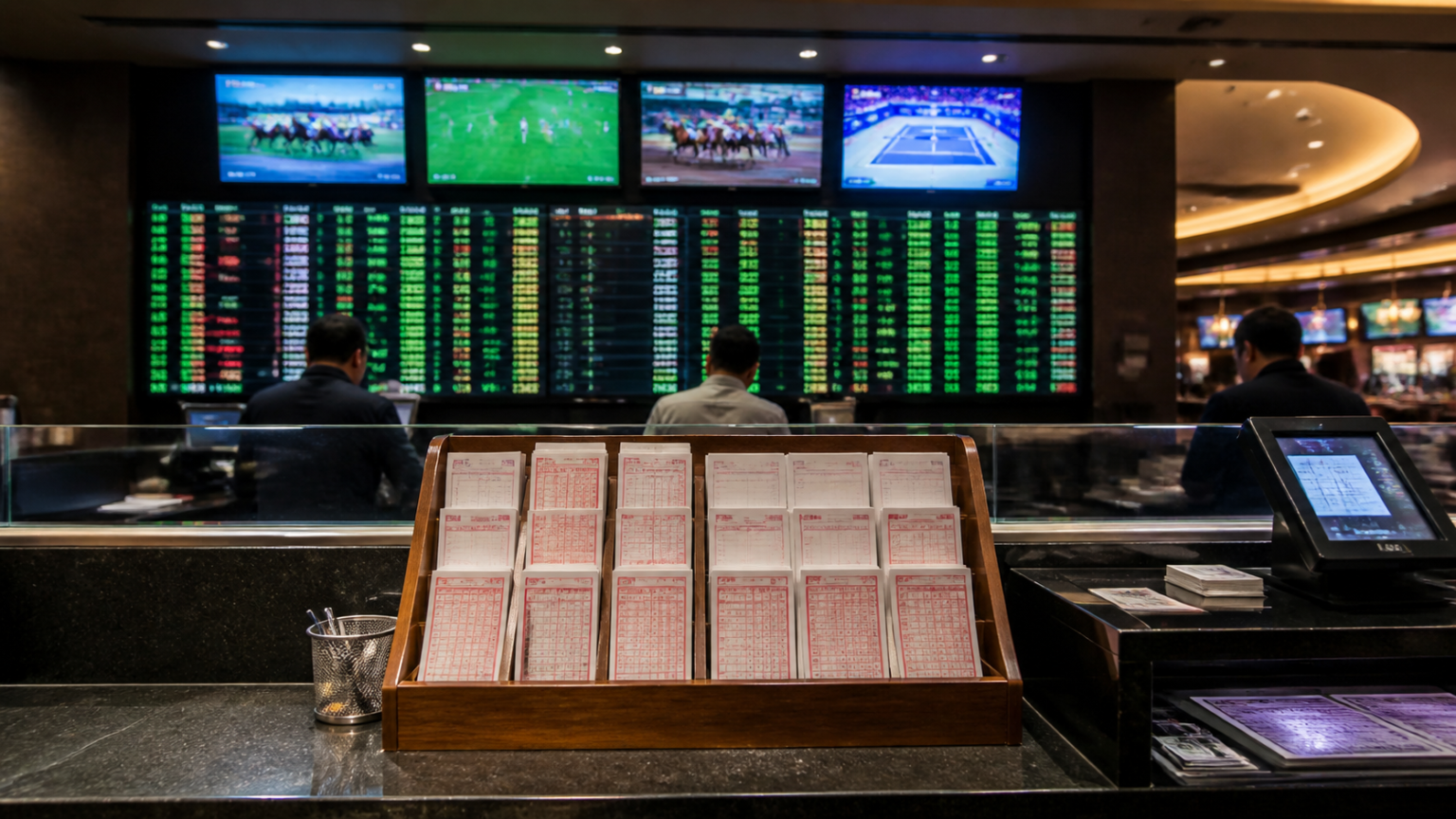 Sports betting counter with odds board and betting slips