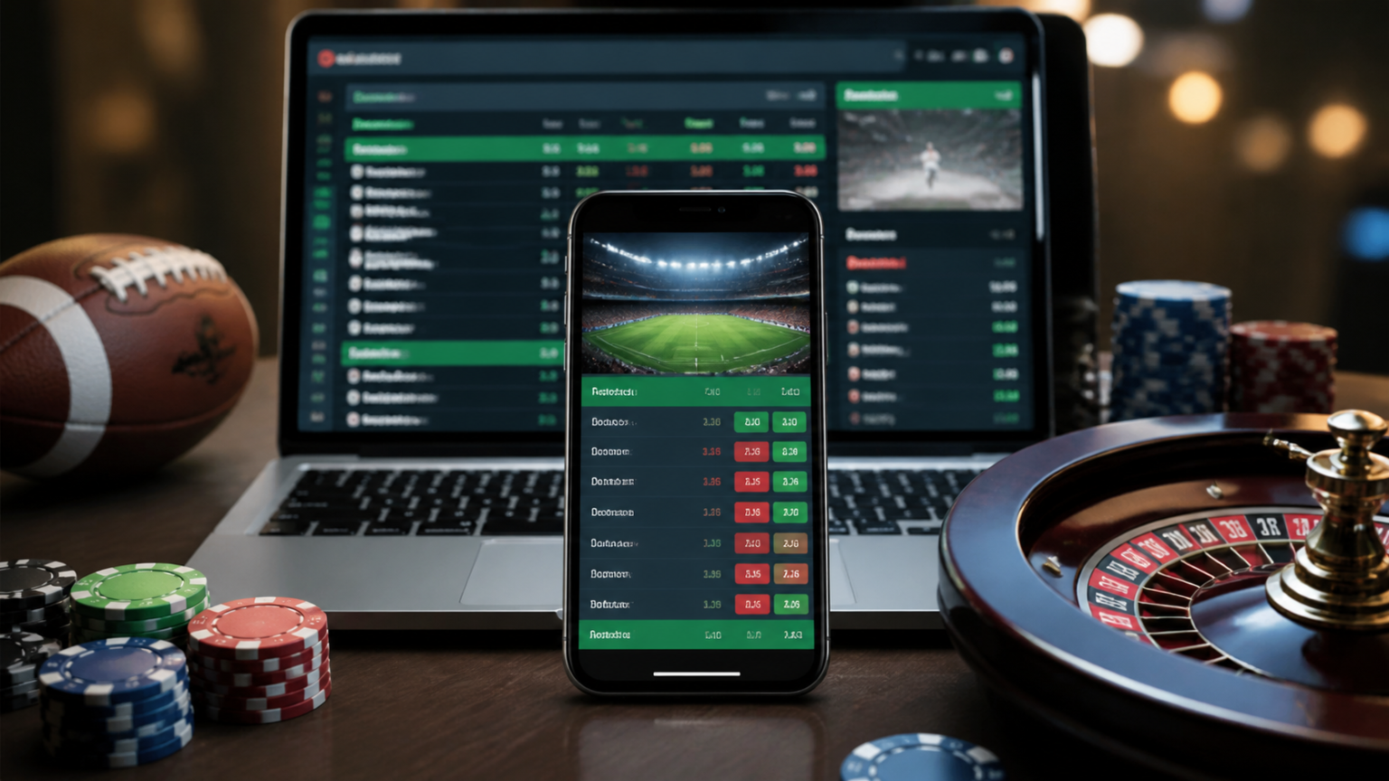 Sports betting interface on phone and laptop in a casino-related setting