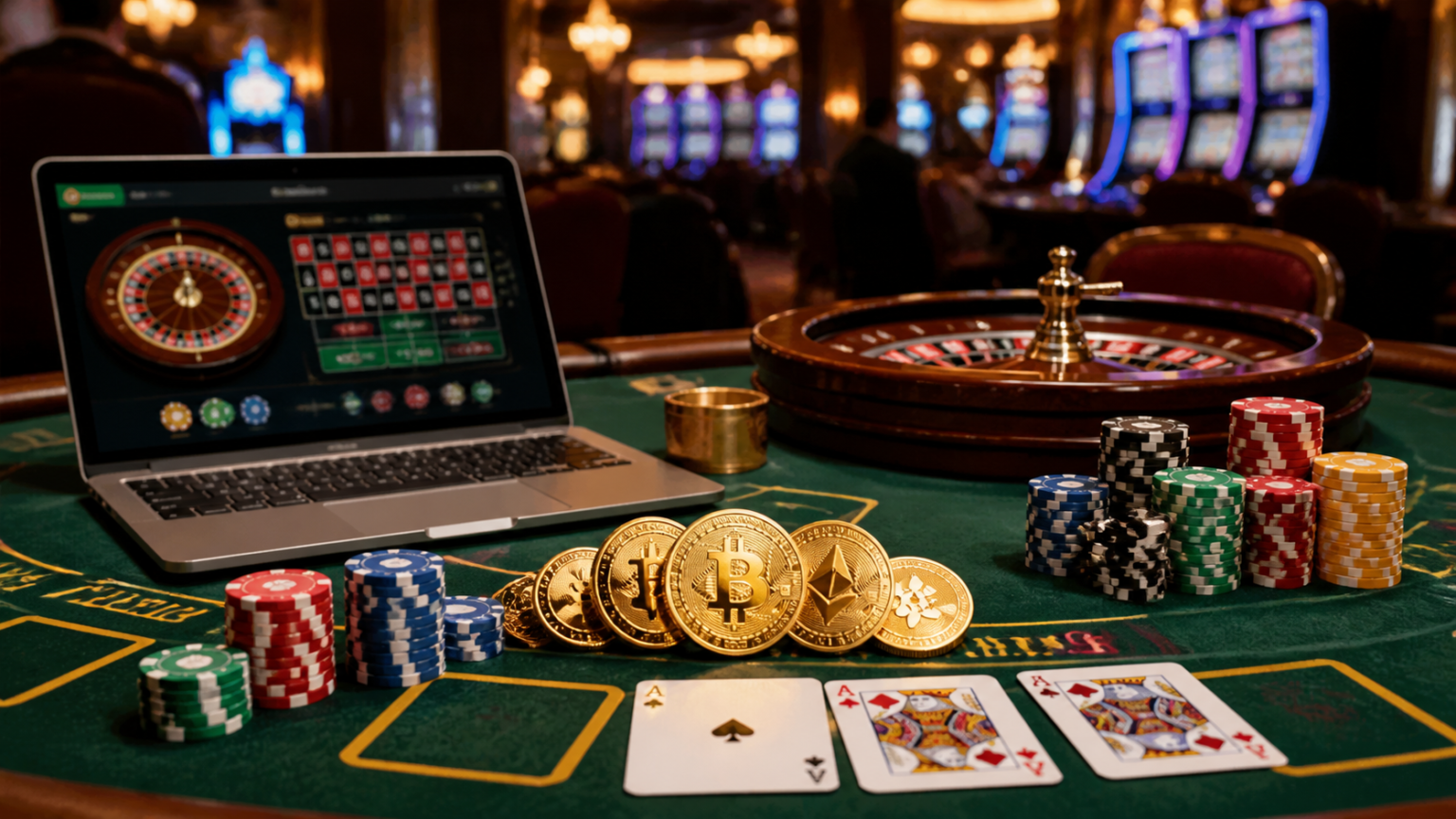 crypto casino online: What Players Should Evaluate First Casino table with crypto-themed chips and online gaming screen