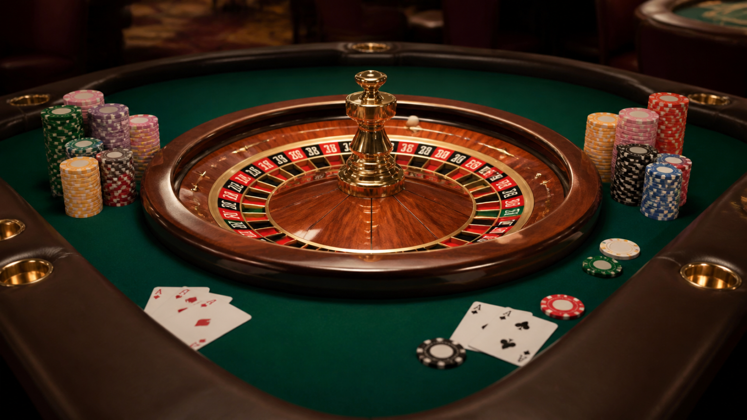 Casino roulette table with chips and cards