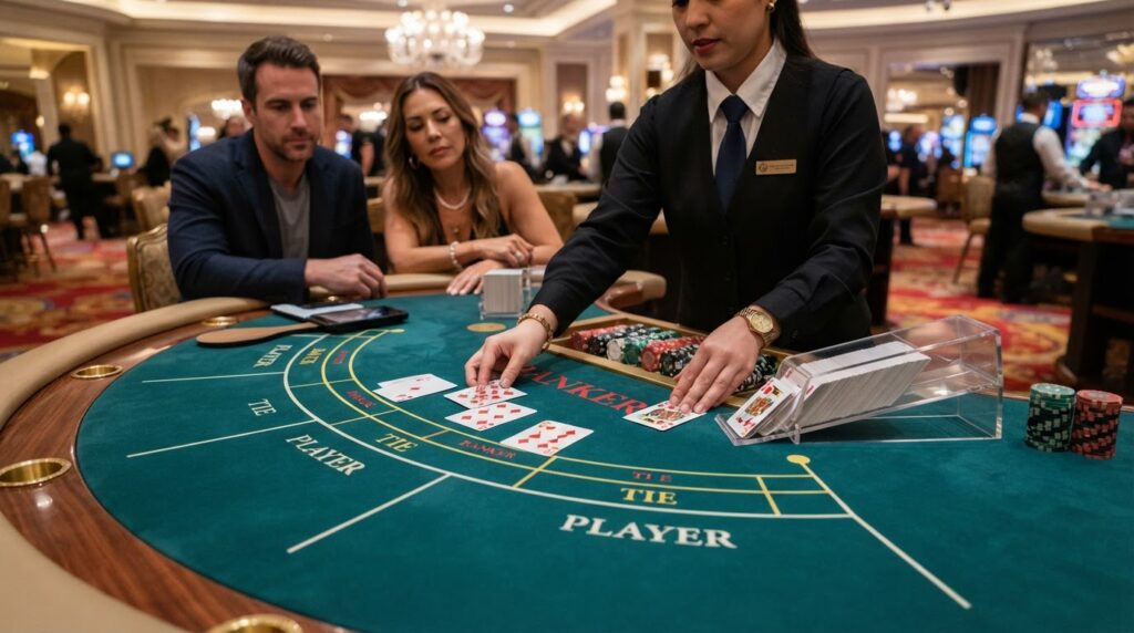 Bàn chơi baccarat trực tuyến với các lá bài và chíp cược trên mặt bàn dạ xanh