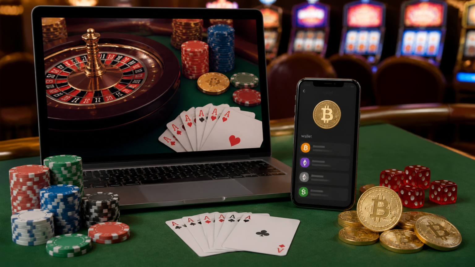 Online Casino Crypto: What Players Should Know Laptop and phone showing an online casino crypto setup with casino chips