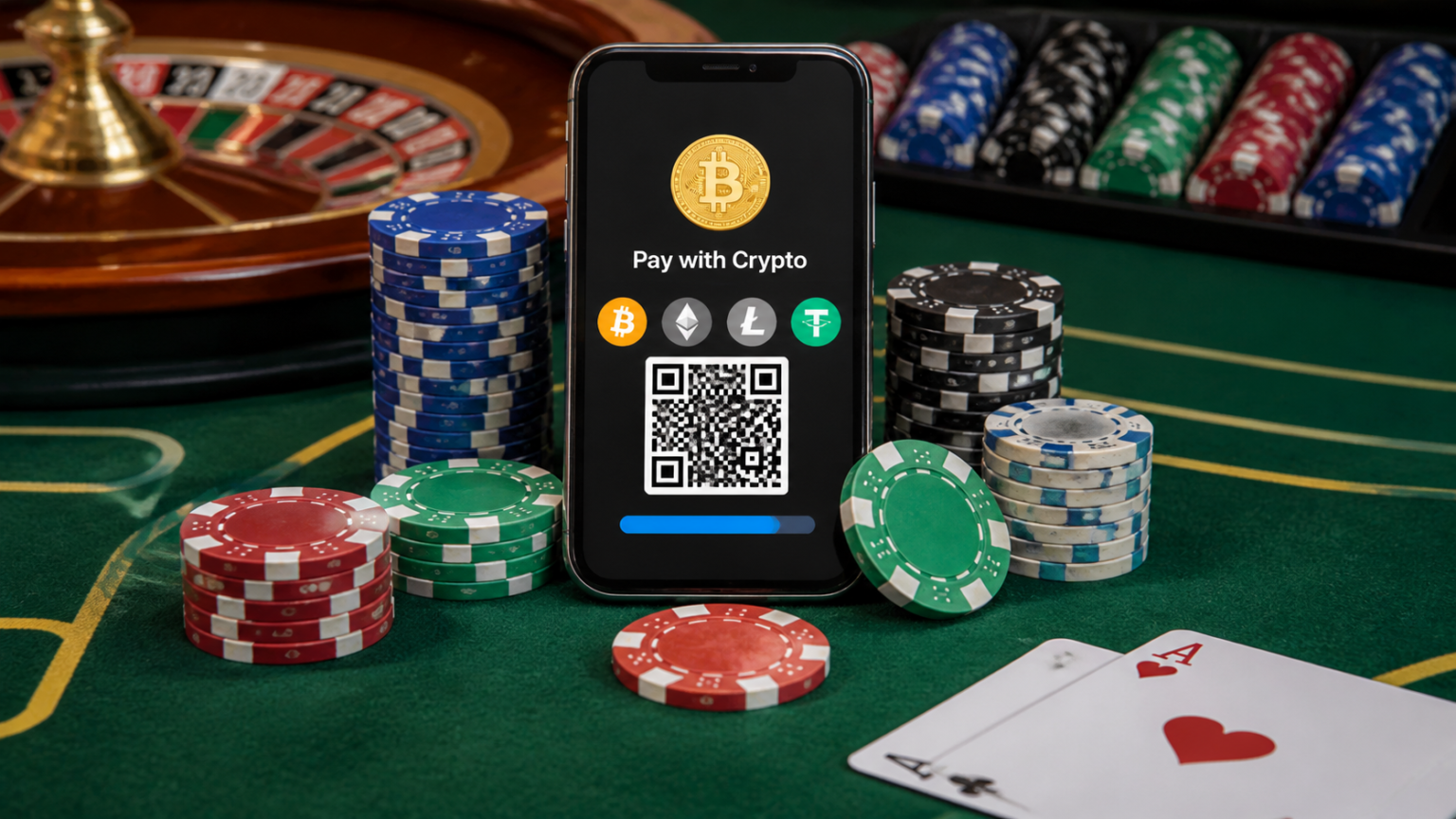 Casino table with chips and a phone showing crypto payment