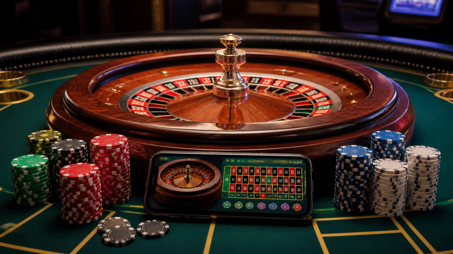 サッカー ブックメーカー おすすめランキング|人気サイトの特徴を徹底比較 Casino table with chips and a smartphone showing an online casino interface