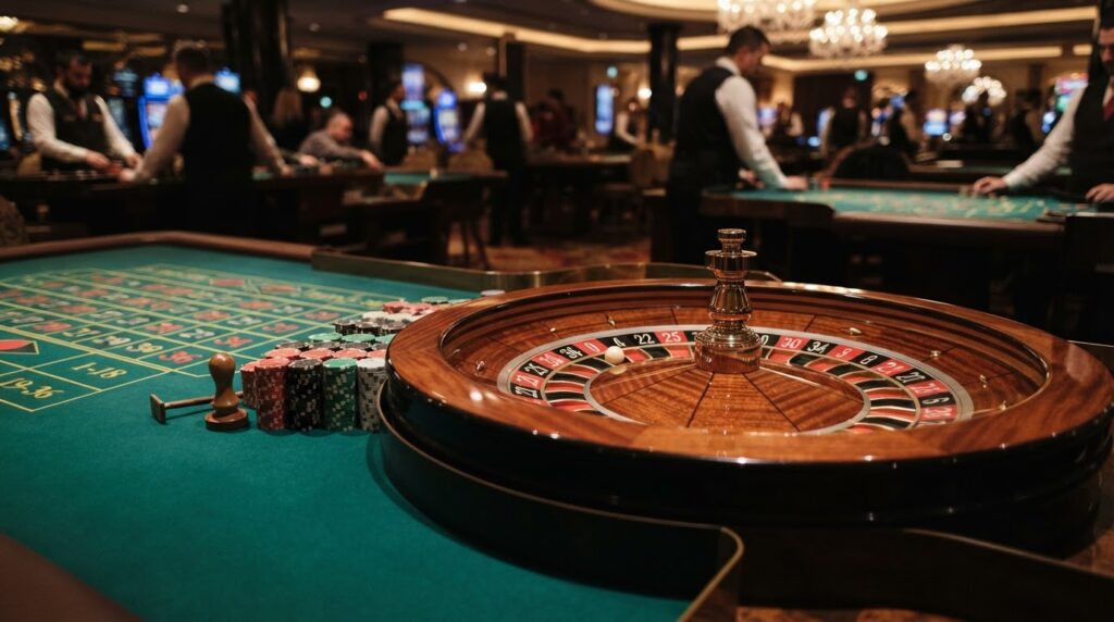 Singapore Online Casino Platforms: A Guide to Modern Gaming A close-up photograph of a green felt roulette table with a wooden wheel and stacked casino chips