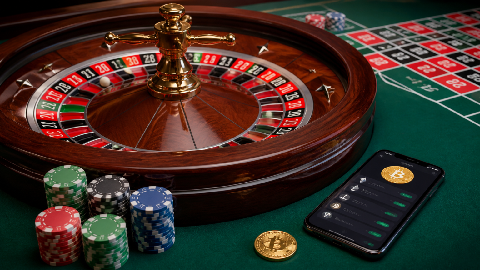 Roulette table and chips beside a phone with a cryptocurrency payment screen