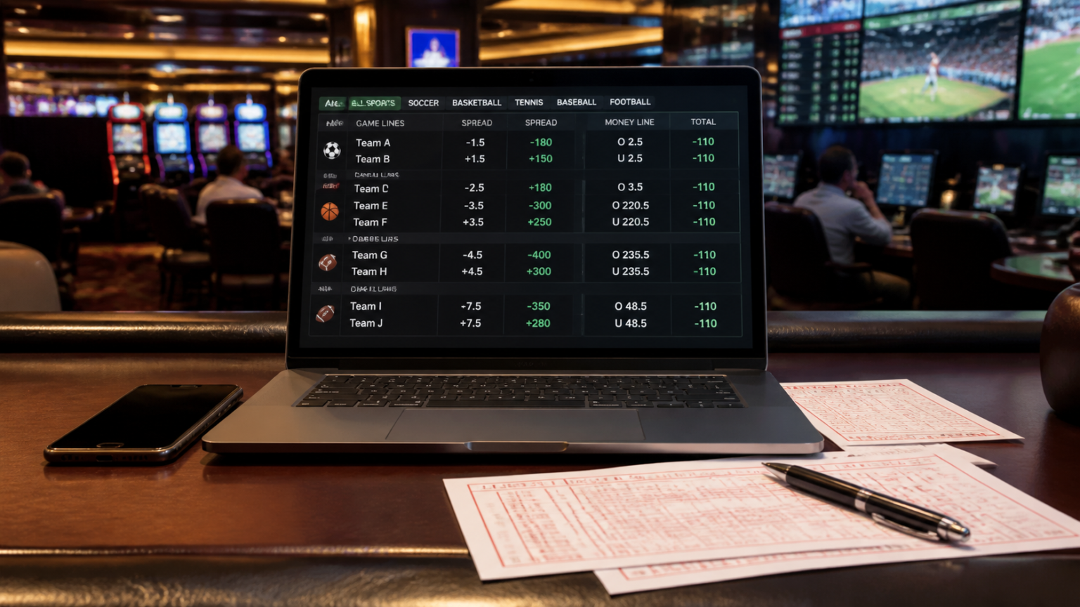 What to Look for in Sports Betting Sites Singapore Laptop and phone displaying sports betting odds on a casino-related betting desk